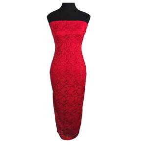 NWT | BTFBM Vibrant Red Lace Strapless Midi Dress | Back Slit | Medium